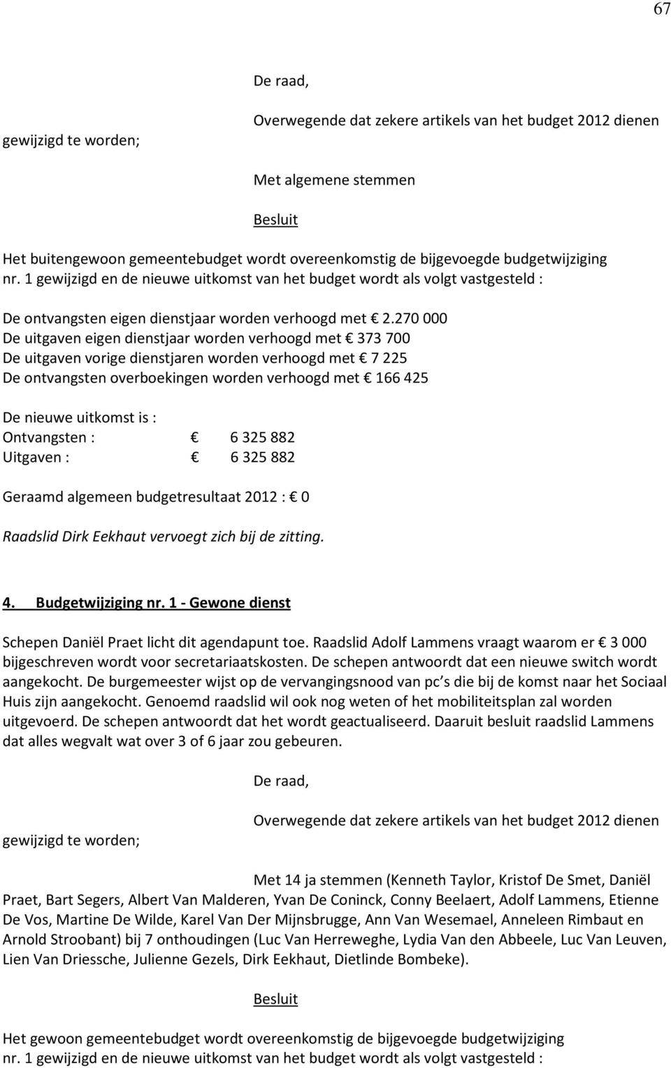 270 000 De uitgaven eigen dienstjaar worden verhoogd met 373 700 De uitgaven vorige dienstjaren worden verhoogd met 7 225 De ontvangsten overboekingen worden verhoogd met 166 425 De nieuwe uitkomst