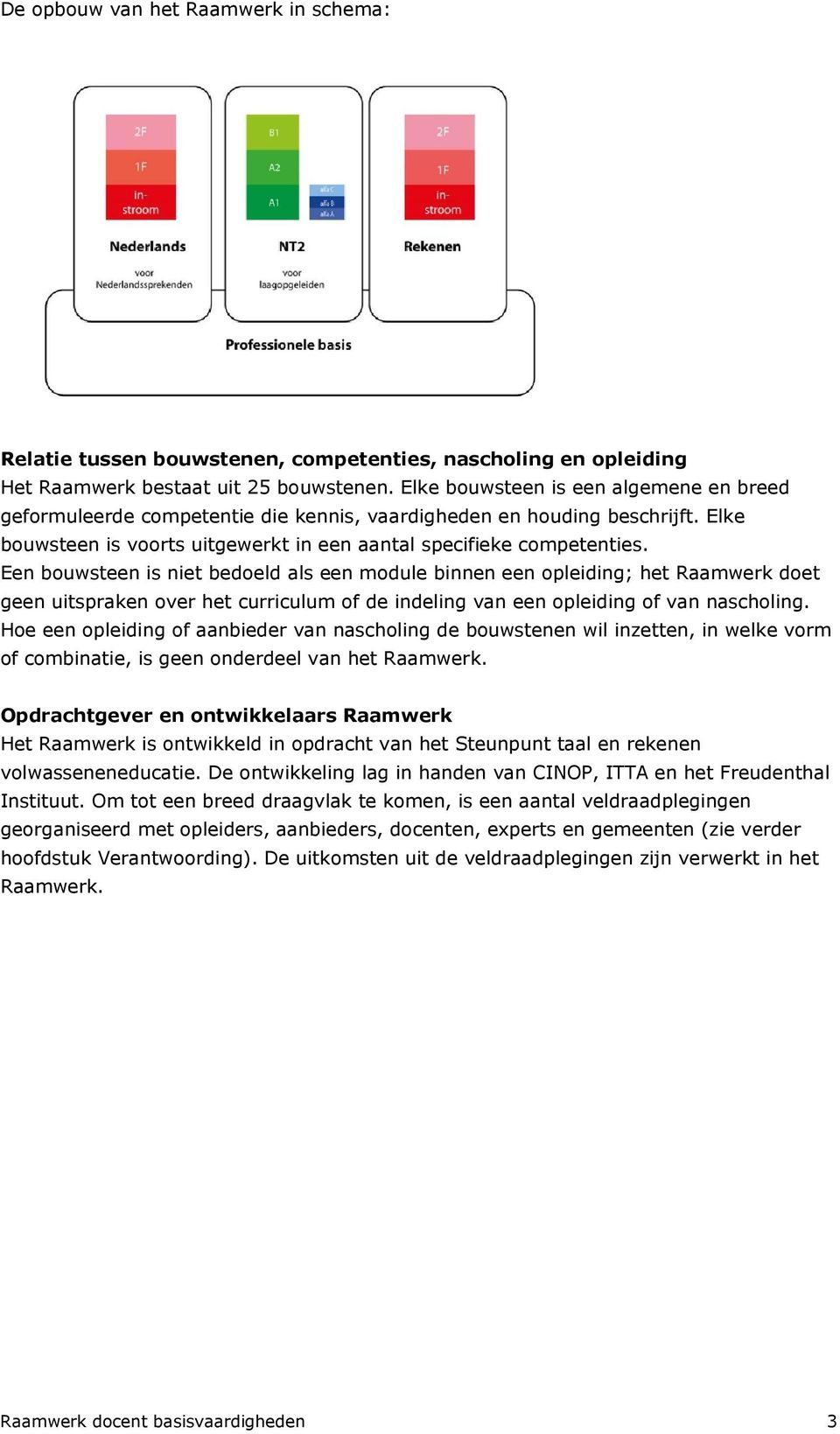 Een bouwsteen is niet bedoeld als een module binnen een opleiding; het Raamwerk doet geen uitspraken over het curriculum of de indeling van een opleiding of van nascholing.