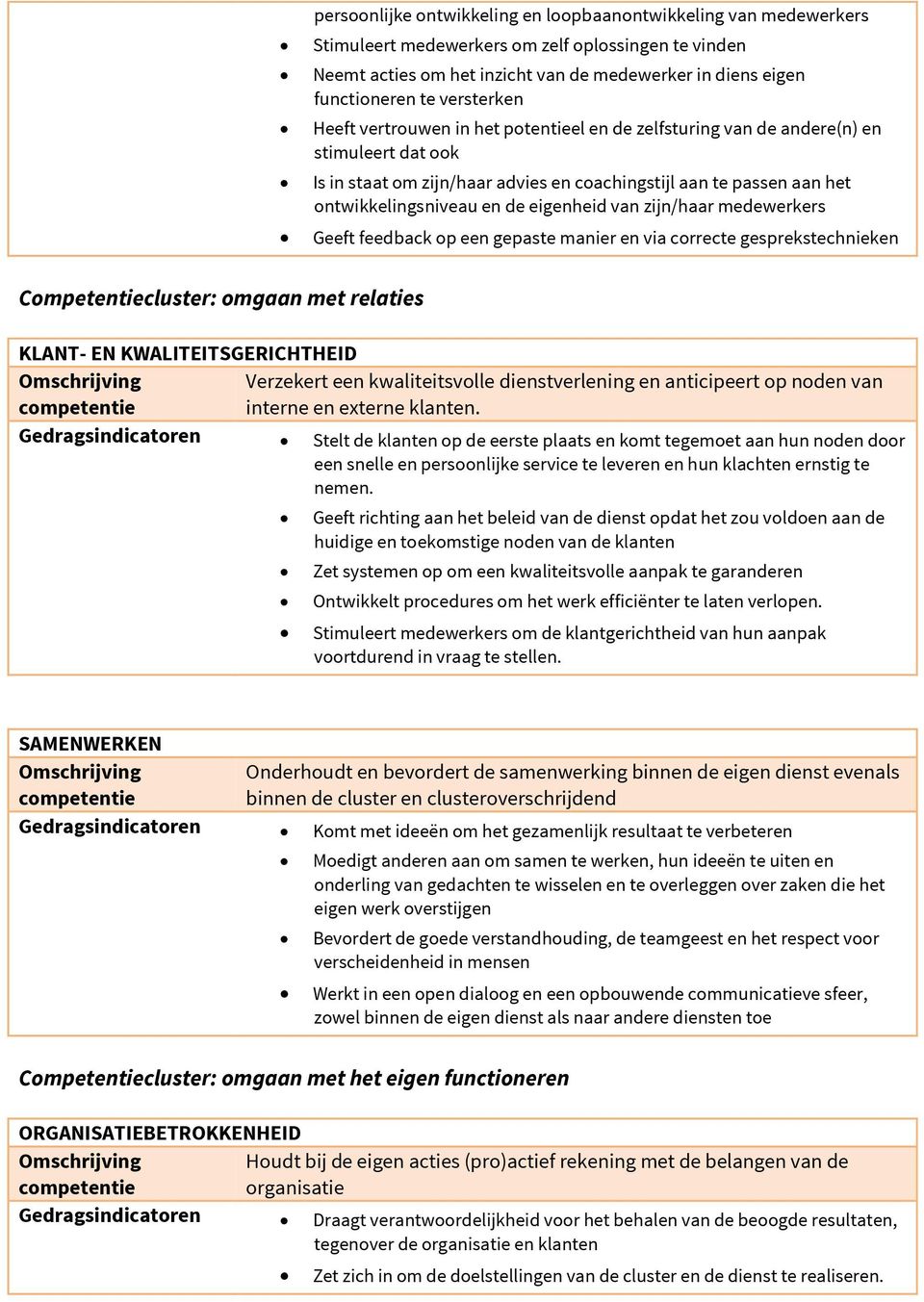 eigenheid van zijn/haar medewerkers Geeft feedback op een gepaste manier en via correcte gesprekstechnieken Competentiecluster: omgaan met relaties KLANT- EN KWALITEITSGERICHTHEID Verzekert een