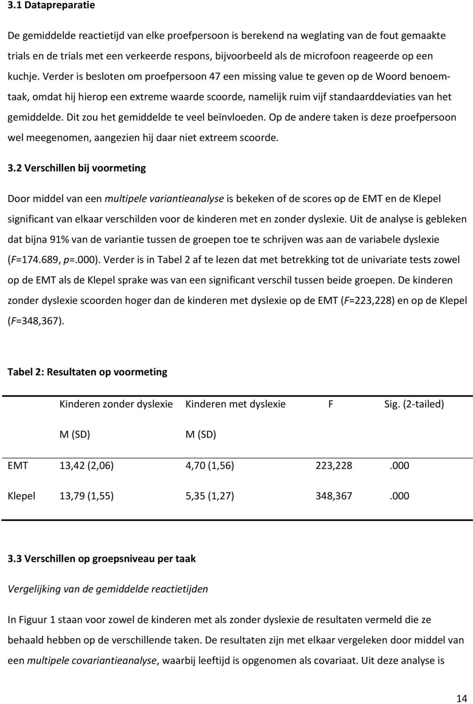 Verder is besloten om proefpersoon 47 een missing value te geven op de Woord benoemtaak, omdat hij hierop een extreme waarde scoorde, namelijk ruim vijf standaarddeviaties van het gemiddelde.