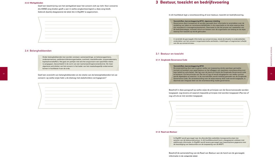 Voorschriften Jaarverslaggeving WTZi, algemene inleiding Governance dient transparant te worden gemaakt door informatie te verstrekken over de verdeling van taken en verantwoordelijkheden in de