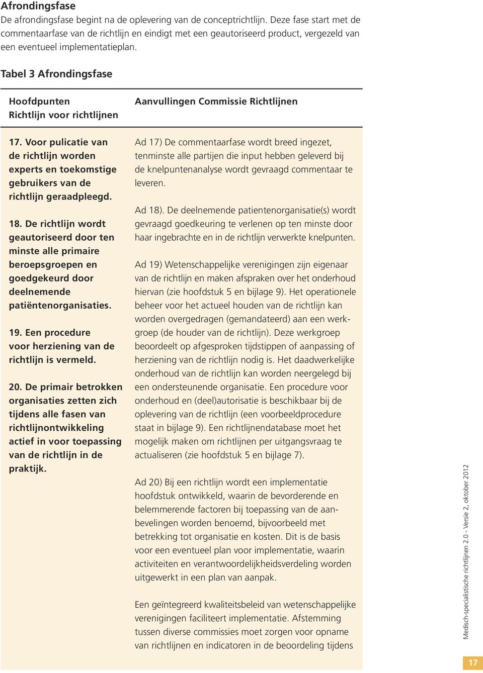 Tabel 3 Afrondingsfase Hoofdpunten Richtlijn voor richtlijnen Aanvullingen Commissie Richtlijnen 17.