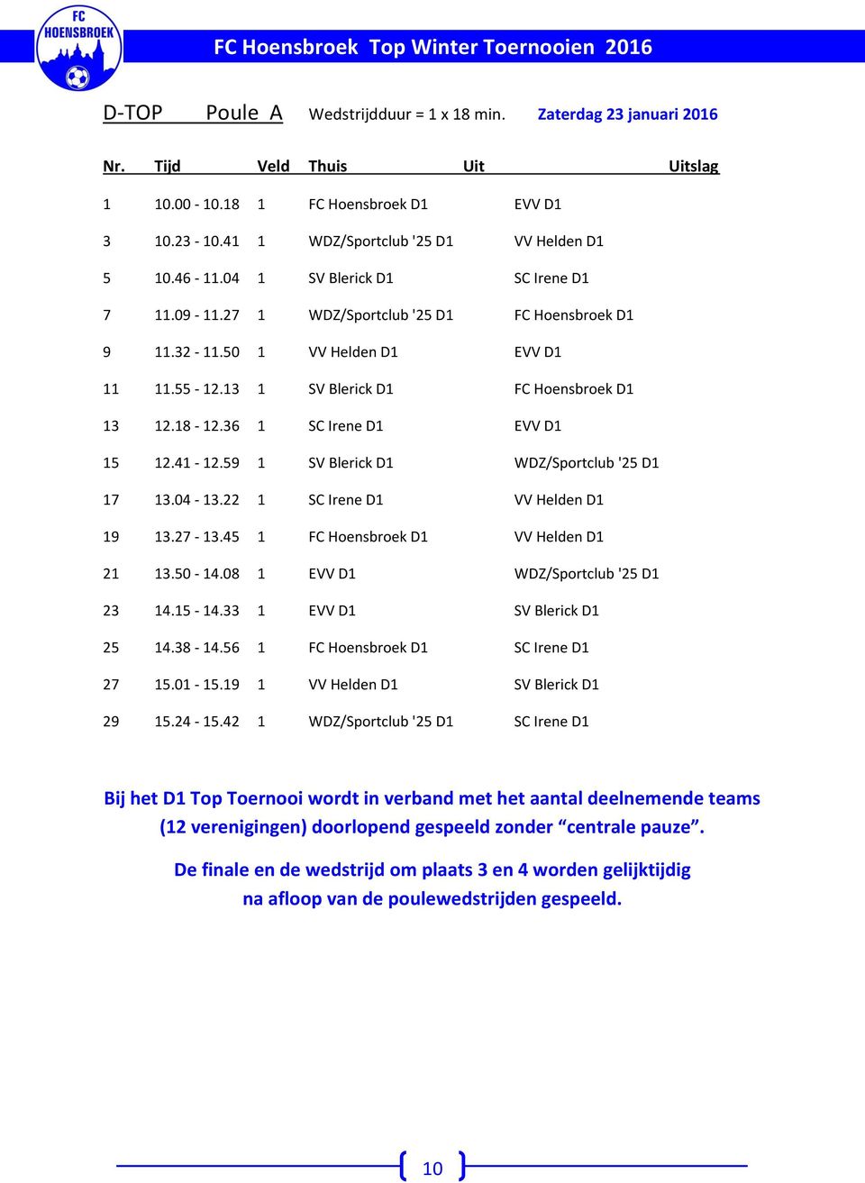 13 1 SV Blerick D1 FC Hoensbroek D1 13 12.18-12.36 1 SC Irene D1 EVV D1 15 12.41-12.59 1 SV Blerick D1 DZ/Sportclub '25 D1 17 13.04-13.22 1 SC Irene D1 VV Helden D1 19 13.27-13.