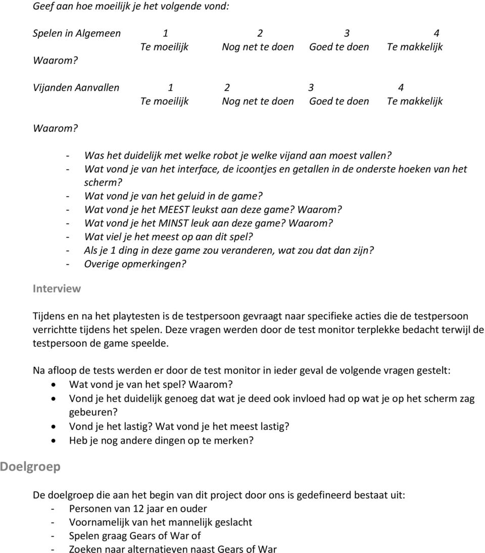 - Wat vond je van het interface, de icoontjes en getallen in de onderste hoeken van het scherm? - Wat vond je van het geluid in de game? - Wat vond je het MEEST leukst aan deze game? Waarom?