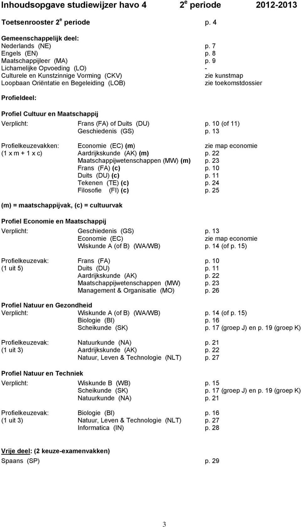 Verplicht: Frans (FA) of Duits (DU) p. 10 (of 11) Geschiedenis (GS) p. 13 Profielkeuzevakken: Economie (EC) (m) zie map economie (1 x m + 1 x c) Aardrijkskunde (AK) (m) p.