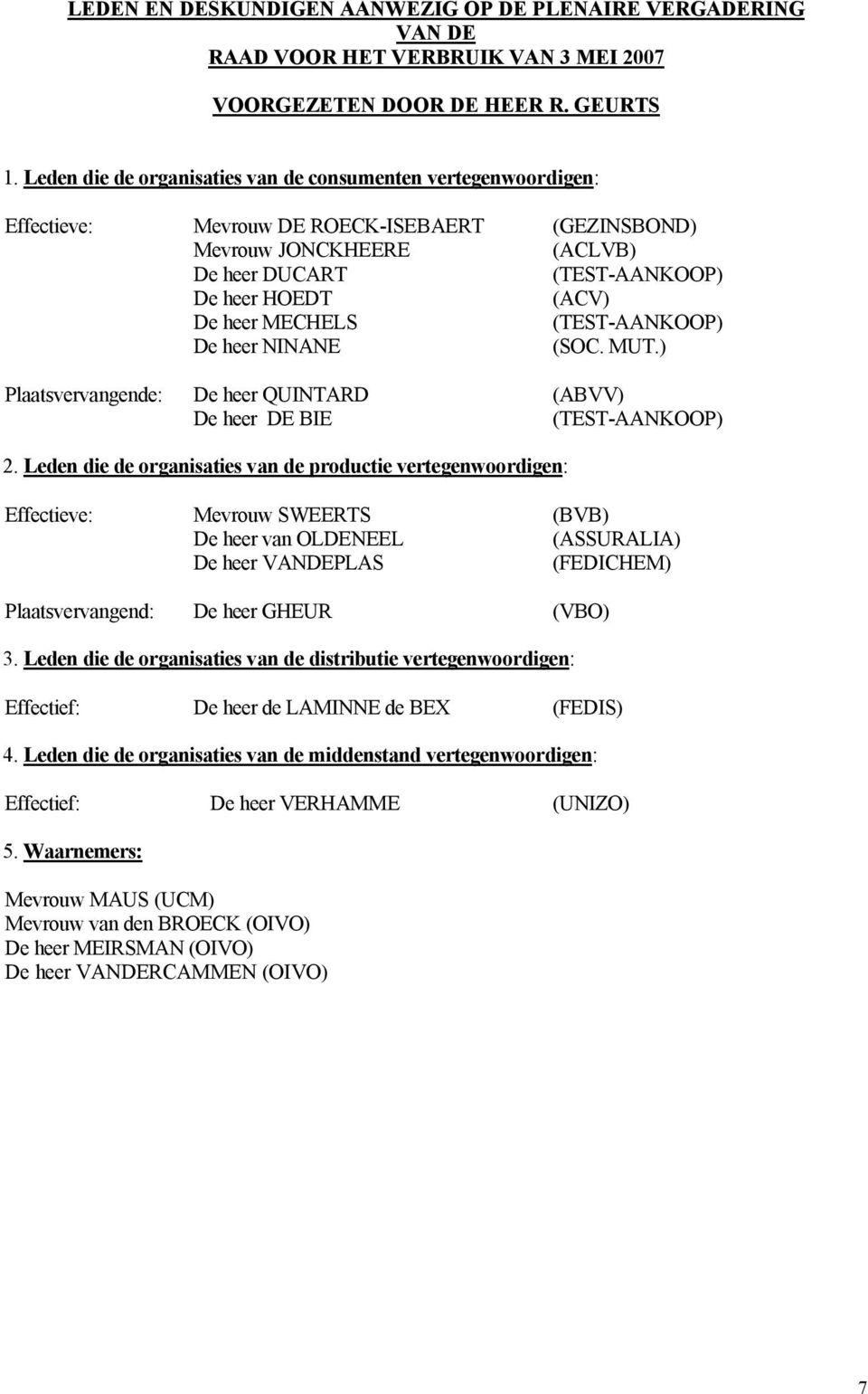 MECHELS (TEST-AANKOOP) De heer NINANE (SOC. MUT.) Plaatsvervangende: De heer QUINTARD (ABVV) De heer DE BIE (TEST-AANKOOP) 2.