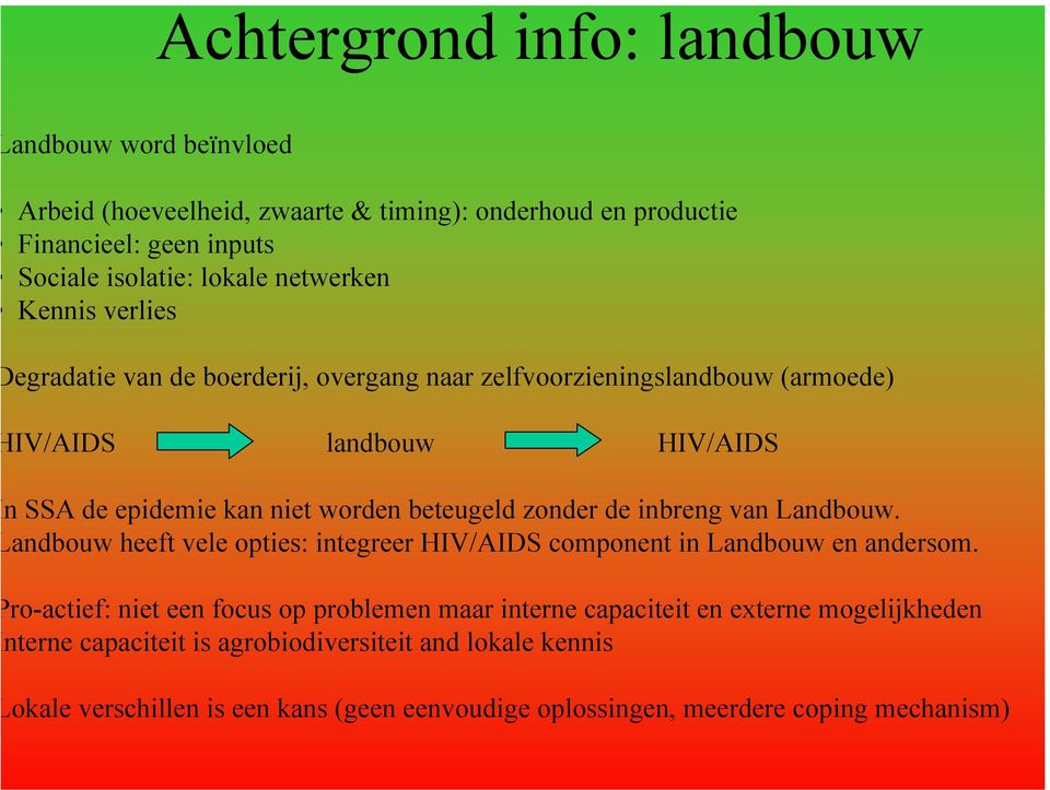 beteugeld zonder de inbreng van Landbouw. andbouw heeft vele opties: integreer HIV/AIDS component in Landbouw en andersom.