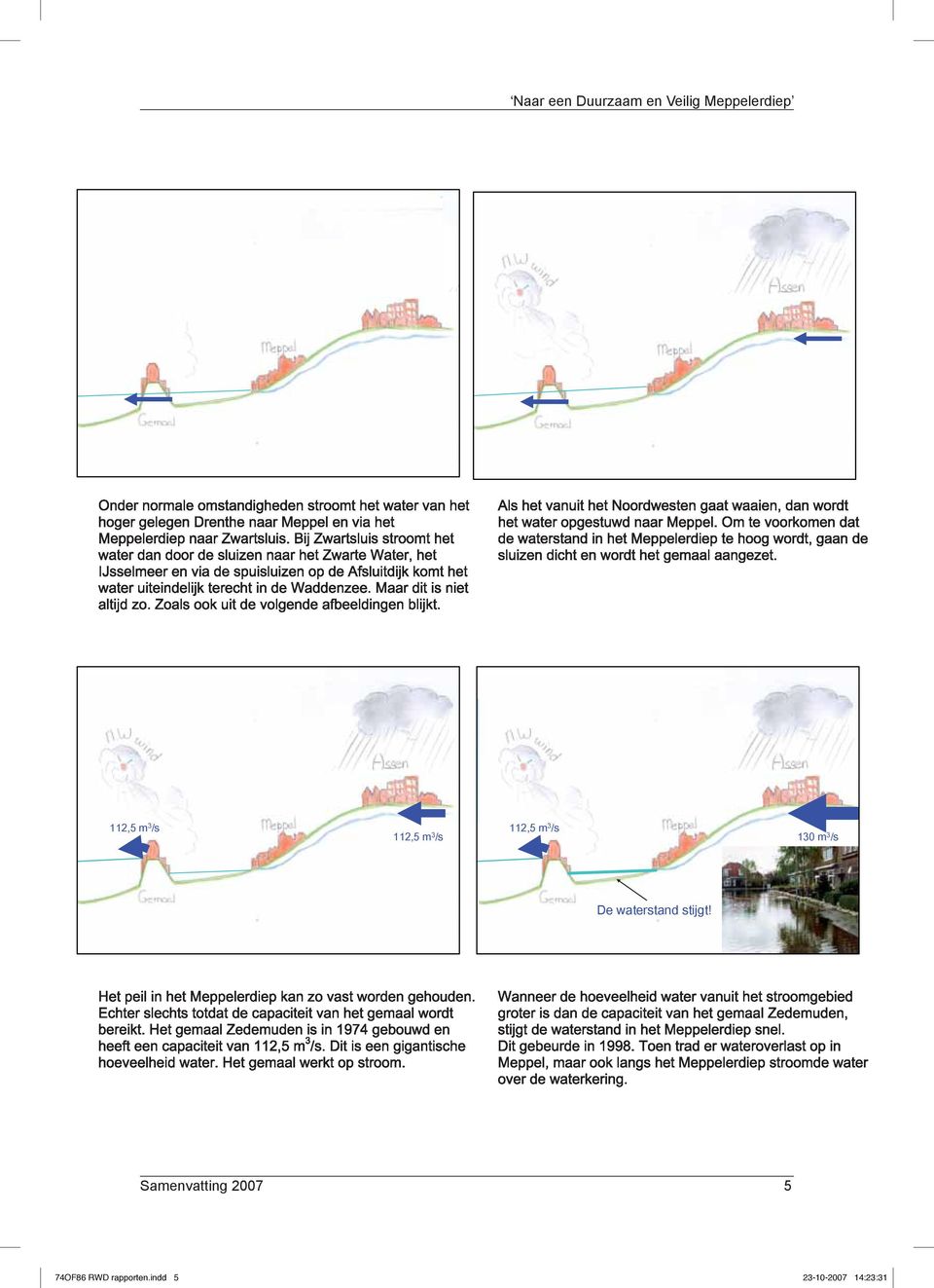 Maar dit is niet altijd zo. Zoals ook uit de volgende afbeeldingen blijkt. Als het vanuit het Noordwesten gaat waaien, dan wordt het water opgestuwd naar Meppel.