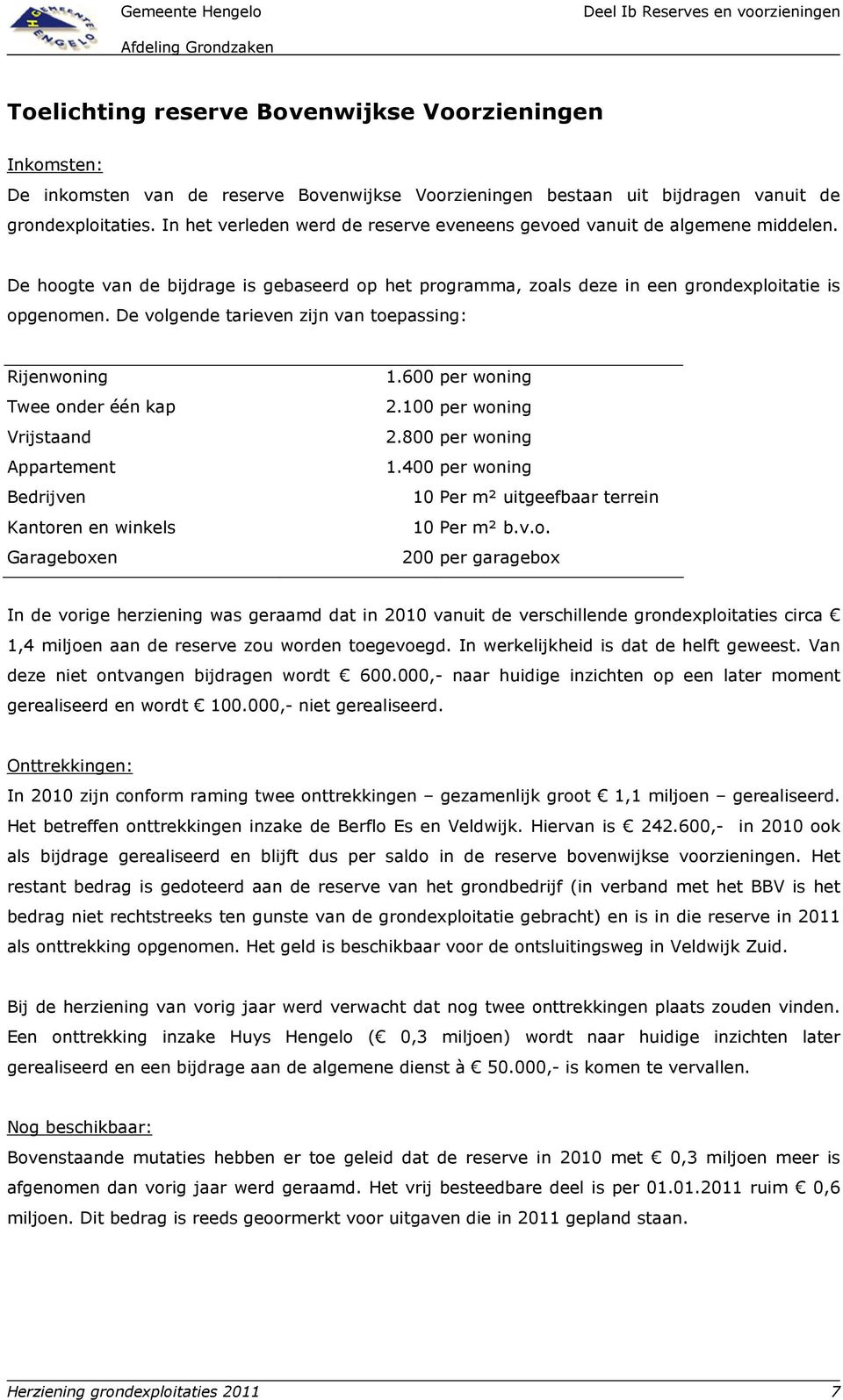 De hoogte van de bijdrage is gebaseerd op het programma, zoals deze in een grondexploitatie is opgenomen.