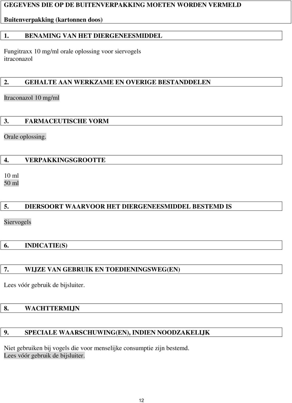 GEHALTE AAN WERKZAME EN OVERIGE BESTANDDELEN Itraconazol 10 mg/ml 3. FARMACEUTISCHE VORM Orale oplossing. 4. VERPAKKINGSGROOTTE 10 ml 50 ml 5.