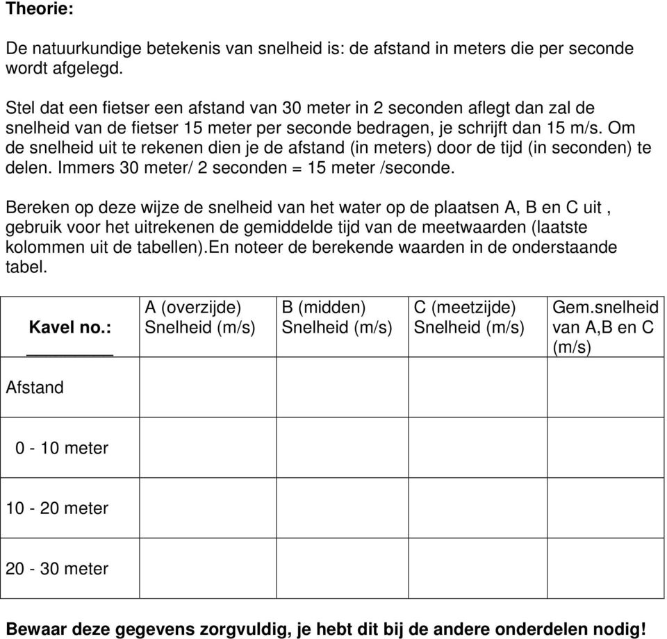 Om de snelheid uit te rekenen dien je de afstand (in meters) door de tijd (in seconden) te delen. Immers 30 meter/ 2 seconden = 15 meter /seconde.