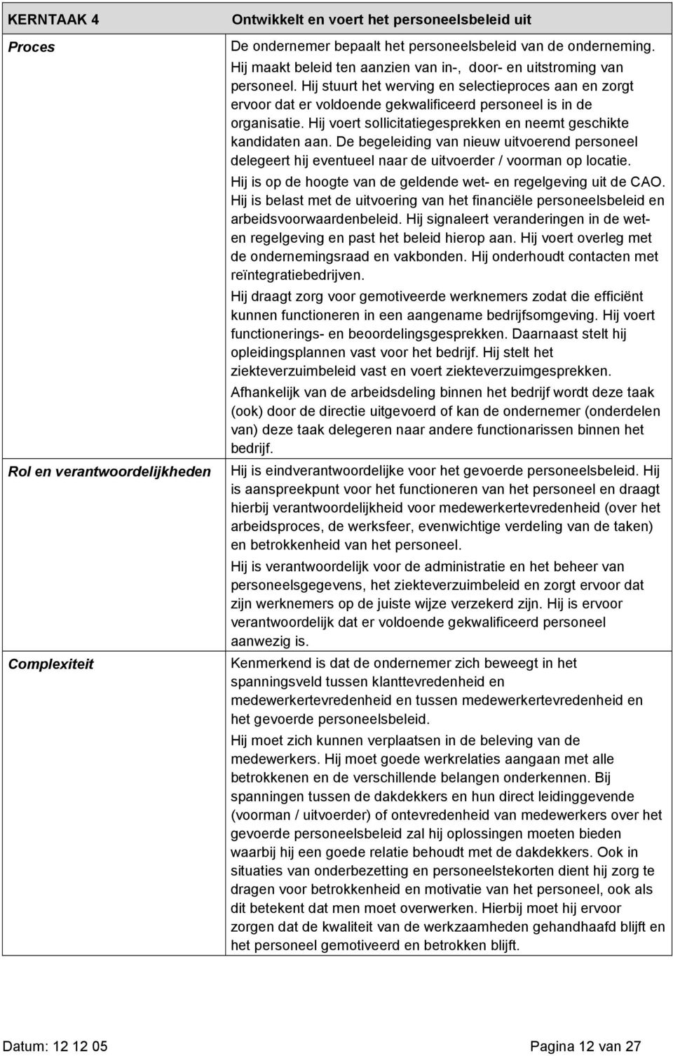 Hij voert sollicitatiegesprekken en neemt geschikte kandidaten aan. De begeleiding van nieuw uitvoerend personeel delegeert hij eventueel naar de uitvoerder / voorman op locatie.