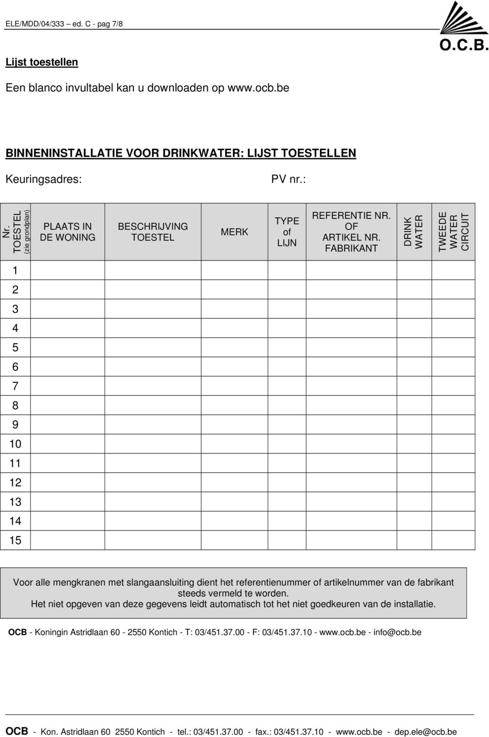 FABRIKANT DRINK WATER TWEEDE WATER CIRCUIT 1 2 3 4 5 6 7 8 9 10 11 12 13 14 15 Voor alle mengkranen met slangaansluiting dient het referentienummer of artikelnummer van de