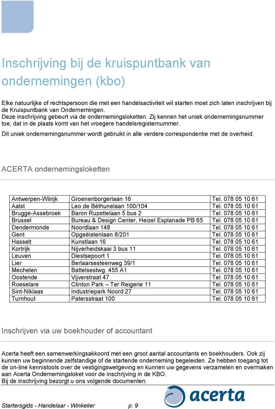 Dit uniek ondernemingsnummer wordt gebruikt in alle verdere correspondentie met de overheid. ACERTA ondernemingsloketten Antwerpen-Wilrijk Groenenborgerlaan 16 Tel.
