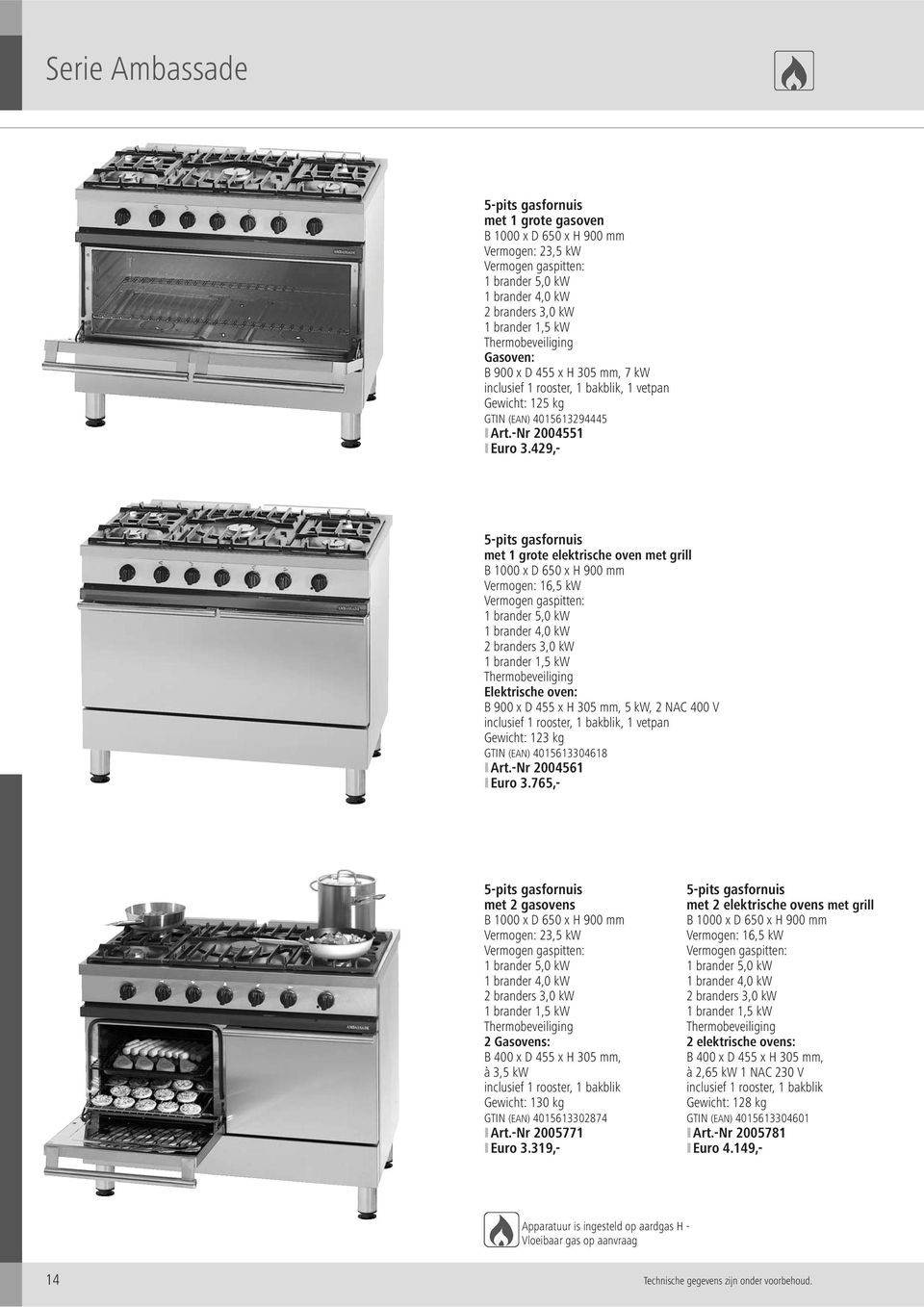 429,- 5-pits gasfornuis met 1 grote elektrische oven met grill B 1000 x D 650 x H 900 mm Vermogen: 16,5 kw Vermogen gaspitten: 1 brander 5,0 kw 1 brander 4,0 kw 2 branders 3,0 kw 1 brander 1,5 kw