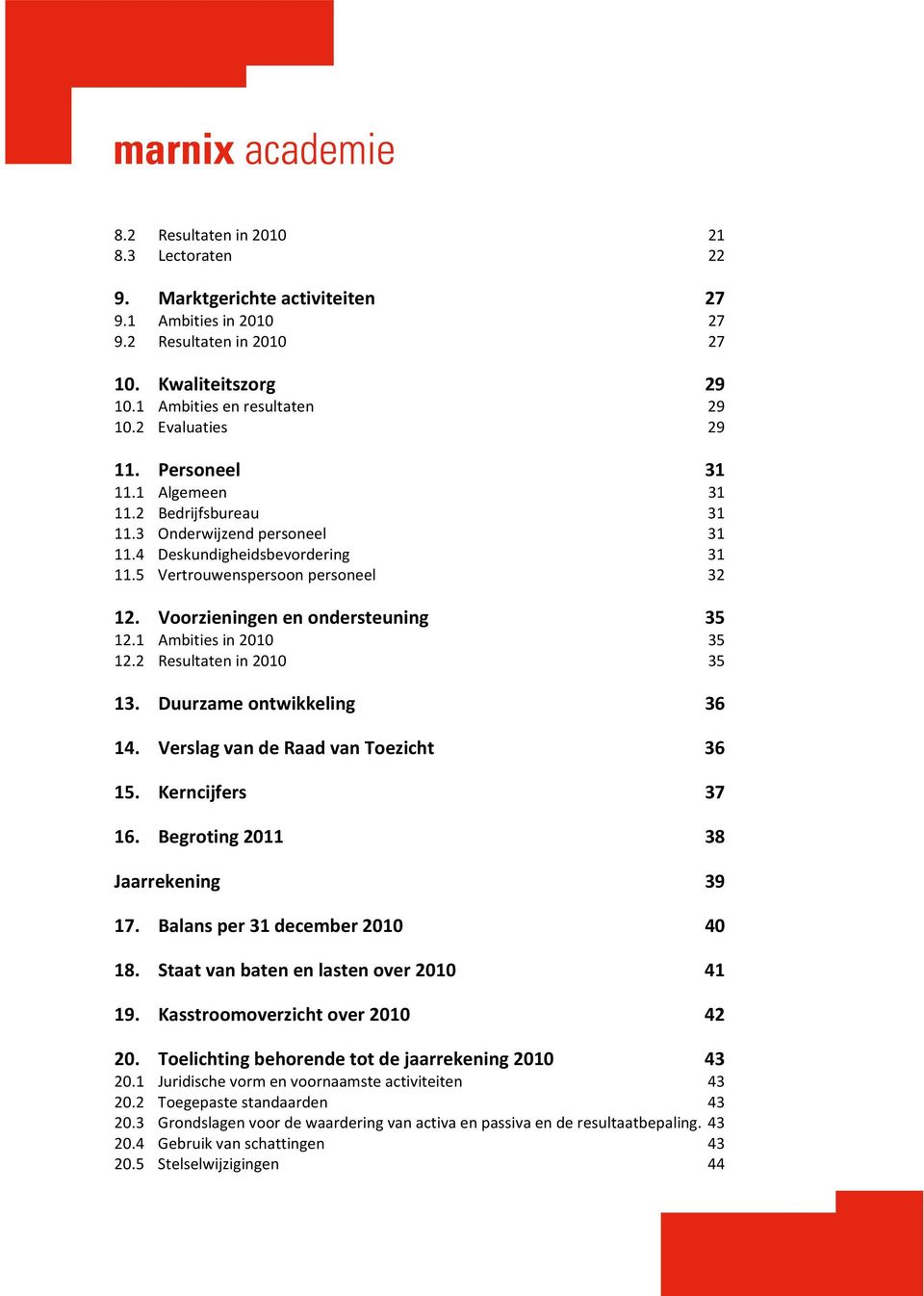 Voorzieningen en ondersteuning 35 12.1 Ambities in 2010 35 12.2 Resultaten in 2010 35 13. Duurzame ontwikkeling 36 14. Verslag van de Raad van Toezicht 36 15. Kerncijfers 37 16.