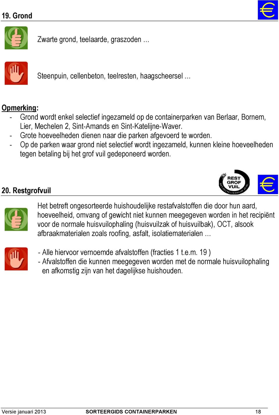 - Op de parken waar grond niet selectief wordt ingezameld, kunnen kleine hoeveelheden tegen betaling bij het grof vuil gedeponeerd worden. 20.