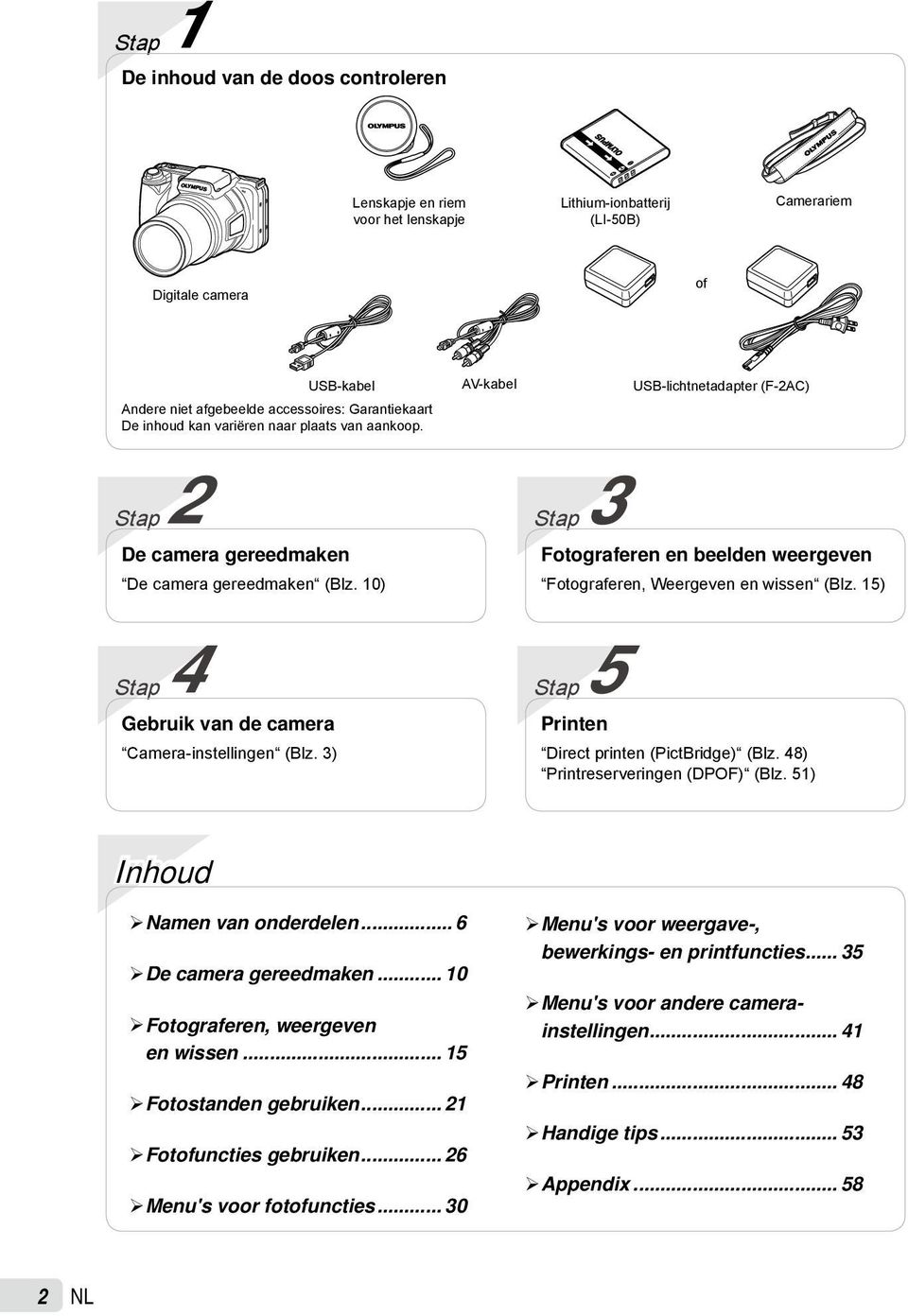 3) AV-kabel Stap 3 Fotograferen en beelden weergeven Fotograferen, Weergeven en wissen (Blz. 15) Stap 5 Printen USB-lichtnetadapter (F-2AC) Direct printen (PictBridge) (Blz.