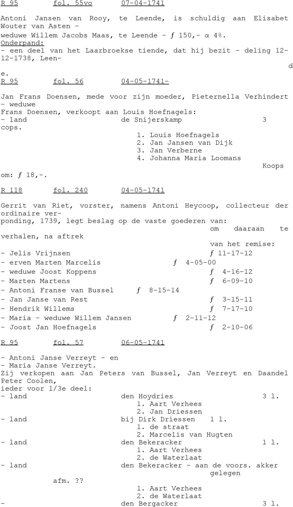 56 04-05-1741- Jan Frans Doensen, mede voor zijn moeder, Pieternella Verhindert - weduwe Frans Doensen, verkoopt aan Louis Hoefnagels: - land de Snijerskamp 3 cops. 1. Louis Hoefnagels 2.