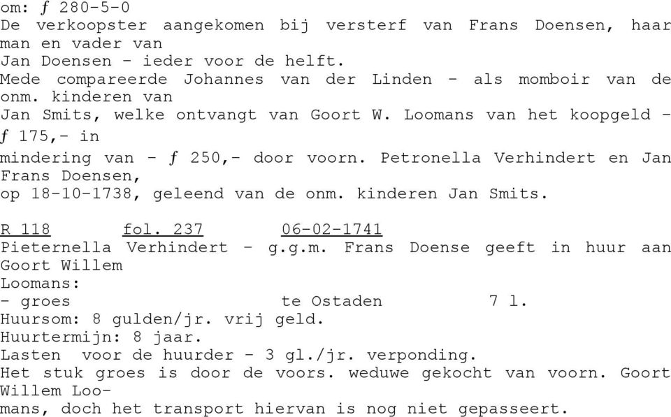 Petronella Verhindert en Jan Frans Doensen, op 18-10-1738, geleend van de onm. kinderen Jan Smits. R 118 fol. 237 06-02-1741 Pieternella Verhindert - g.g.m. Frans Doense geeft in huur aan Goort Willem Loomans: - groes te Ostaden 7 l.