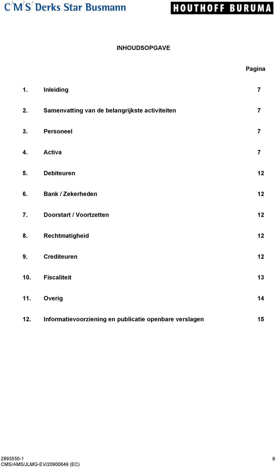 Debiteuren 12 6. Bank / Zekerheden 12 7. Doorstart / Voortzetten 12 8.