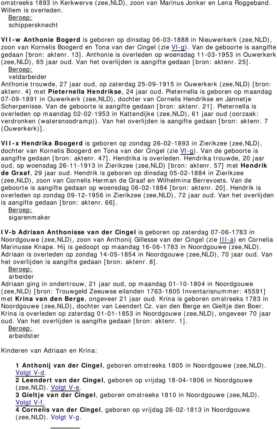 Van de geboorte is aangifte gedaan [bron: aktenr. 13]. Anthonie is overleden op woensdag 11-03-1953 in Ouwerkerk (zee,nld), 65 jaar oud. Van het overlijden is aangifte gedaan [bron: aktenr. 25].