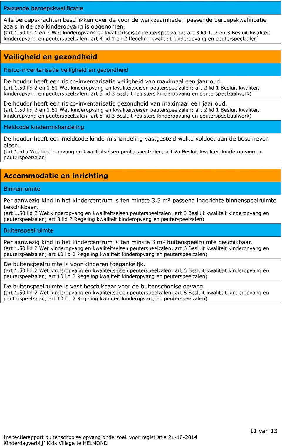peuterspeelzalen) Veiligheid en gezondheid Risico-inventarisatie veiligheid en gezondheid De houder heeft een risico-inventarisatie veiligheid van maximaal een jaar oud. (art 1.50 lid 2 en 1.