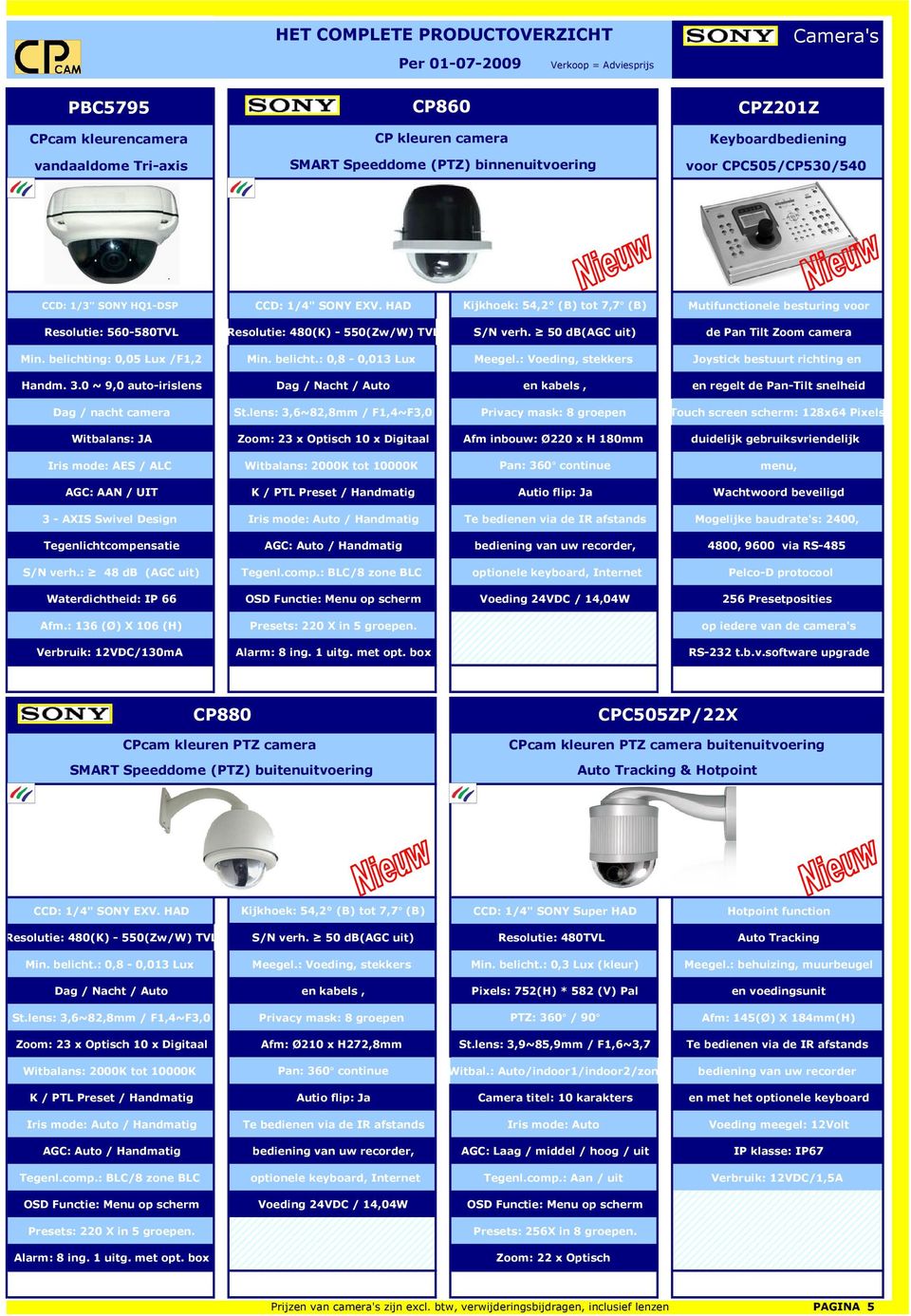 50 db(agc uit) de Pan Tilt Zoom camera Min. belichting: 0,05 Lux /F1,2 Min. belicht.: 0,8-0,013 Lux Meegel.: Voeding, stekkers Joystick bestuurt richting en Handm. 3.