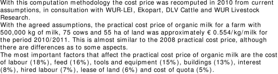 554/kg/milk for the period 2010/2011. This is almost similar to the 2008 practical cost price, although there are differences as to some aspects.