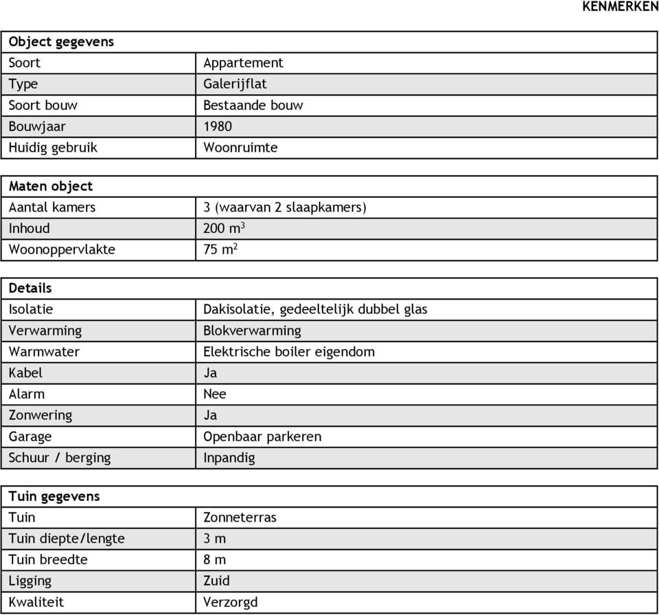 Kabel Alarm Zonwering Garage Schuur / berging Dakisolatie, gedeeltelijk dubbel glas Blokverwarming Elektrische boiler eigendom Ja