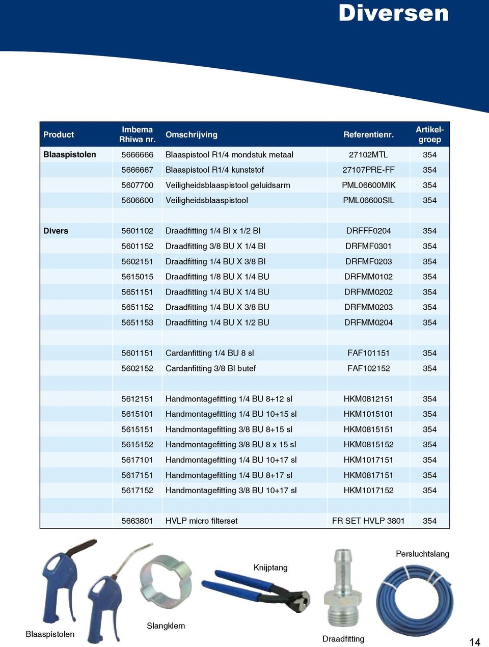 5606600 Veiligheidsblaaspistool PML06600SIL 354 Divers 5601102 Draadfitting 1/4 BI x 1/2 BI DRFFF0204 354 5601152 Draadfitting 3/8 BU X 1/4 BI DRFMF0301 354 5602151 Draadfitting 1/4 BU X 3/8 BI