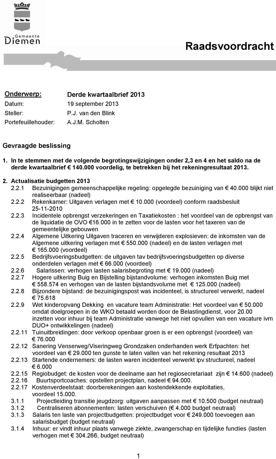 2.1 Bezuinigingen gemeenschappelijke regeling: opgelegde bezuiniging van 40.000 blijkt niet realiseerbaar (nadeel) 2.2.2 Rekenkamer: Uitgaven verlagen met 10.