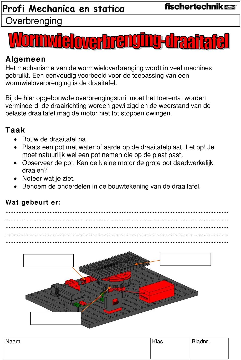 Bij de hier opgebouwde overbrengingsunit moet het toerental worden verminderd, de draairichting worden gewijzigd en de weerstand van de belaste draaitafel mag de motor niet