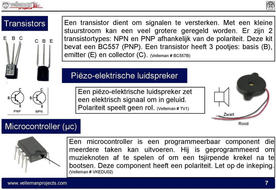 (Velleman # BC557B) Microcontroller (µc) Piëzo-elektrische luidspreker Een piëzo-elektrische luidspreker zet een elektrisch signaal om in geluid. Polariteit speelt geen rol.