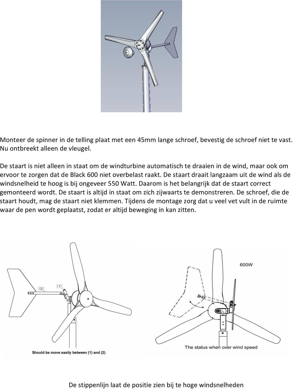 De staart draait langzaam uit de wind als de windsnelheid te hoog is bij ongeveer 550 Watt. Daarom is het belangrijk dat de staart correct gemonteerd wordt.