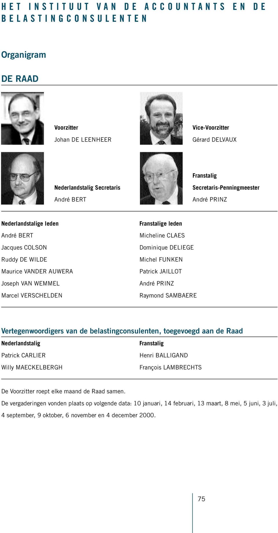 André PRINZ Raymond SAMBAERE Vertegenwoordigers van de belastingconsulenten, toegevoegd aan de Raad Patrick CARLIER Willy MAECKELBERGH Henri BALLIGAND François LAMBRECHTS De roept