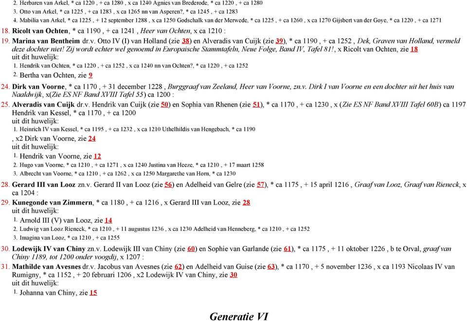 Ricolt van Ochten, * ca 1190, + ca 1241, Heer van Ochten, x ca 1210 : 19. Marina van Bentheim dr.v. Otto IV (I) van Holland (zie 38) en Alveradis van Cuijk (zie 39), * ca 1190, + ca 1252, Dek, Graven van Holland, vermeld deze dochter niet!