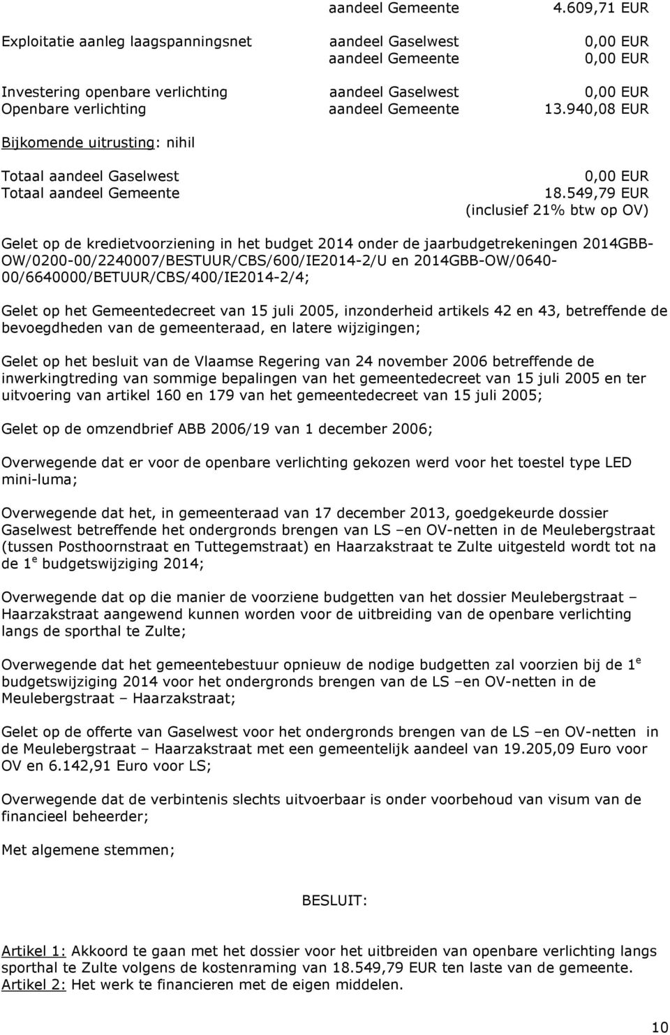 13.940,08 EUR Bijkomende uitrusting: nihil Totaal aandeel Gaselwest Totaal aandeel Gemeente 0,00 EUR 18.