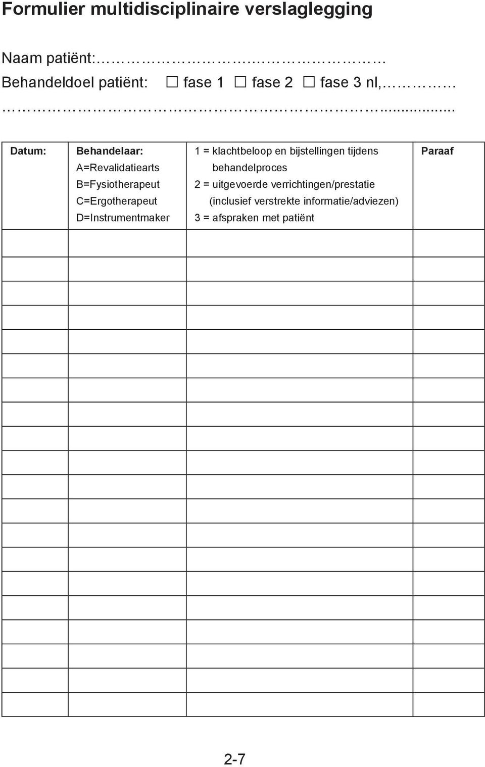 .. Datum: Behandelaar: A=Revalidatiearts B=Fysiotherapeut C=Ergotherapeut D=Instrumentmaker 1