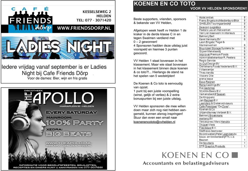 4 Sponsoren hadden deze uitslag juist voorspeld en hiermee 3 punten gescoord. Iedere vrijdag vanaf september is er Ladies Night bij Cafe Friends Dörp.