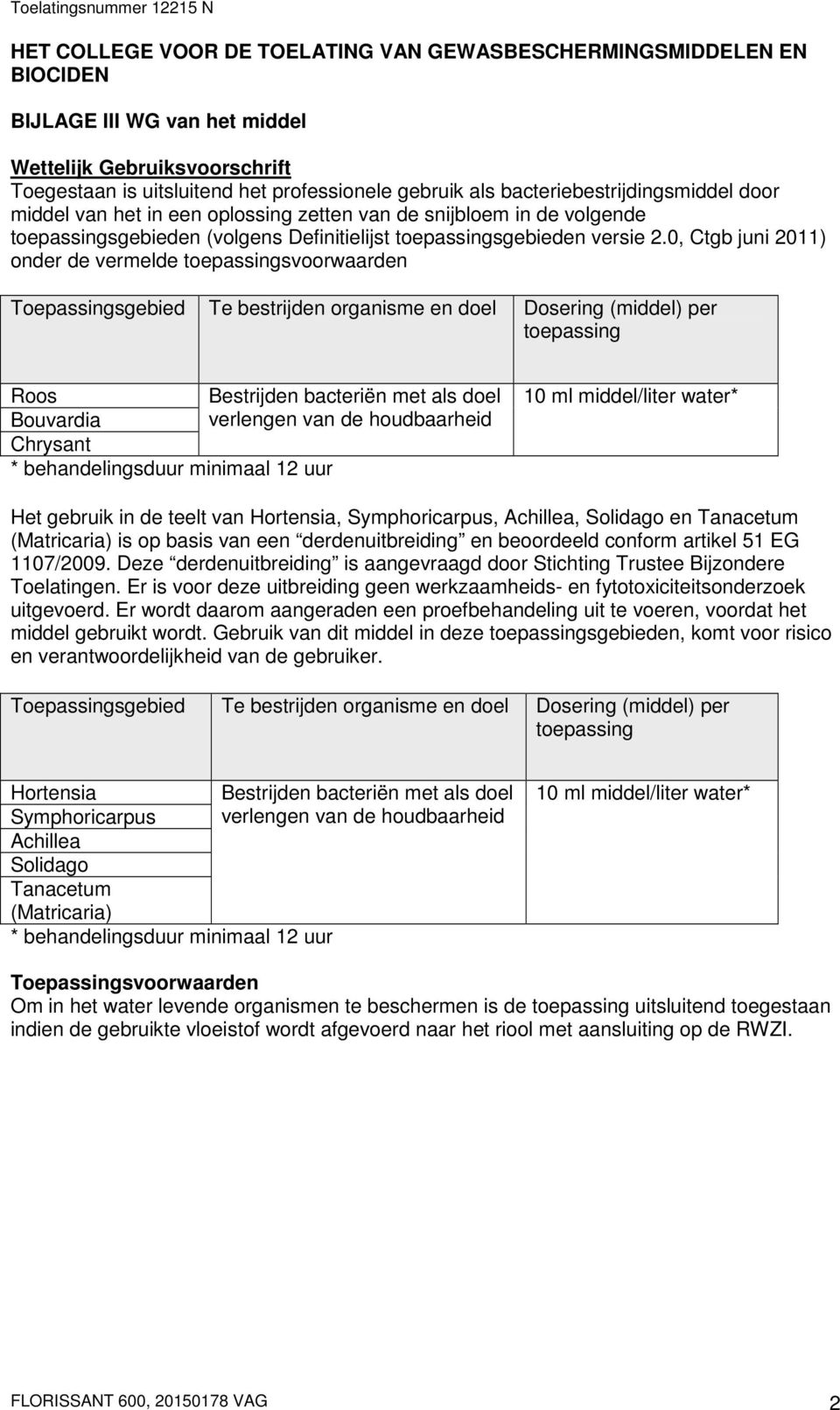 0, Ctgb juni 20) onder de vermelde toepassingsvoorwaarden Toepassingsgebied Te bestrijden organisme en doel Dosering (middel) per toepassing Roos Bouvardia Chrysant * behandelingsduur minimaal 2 uur