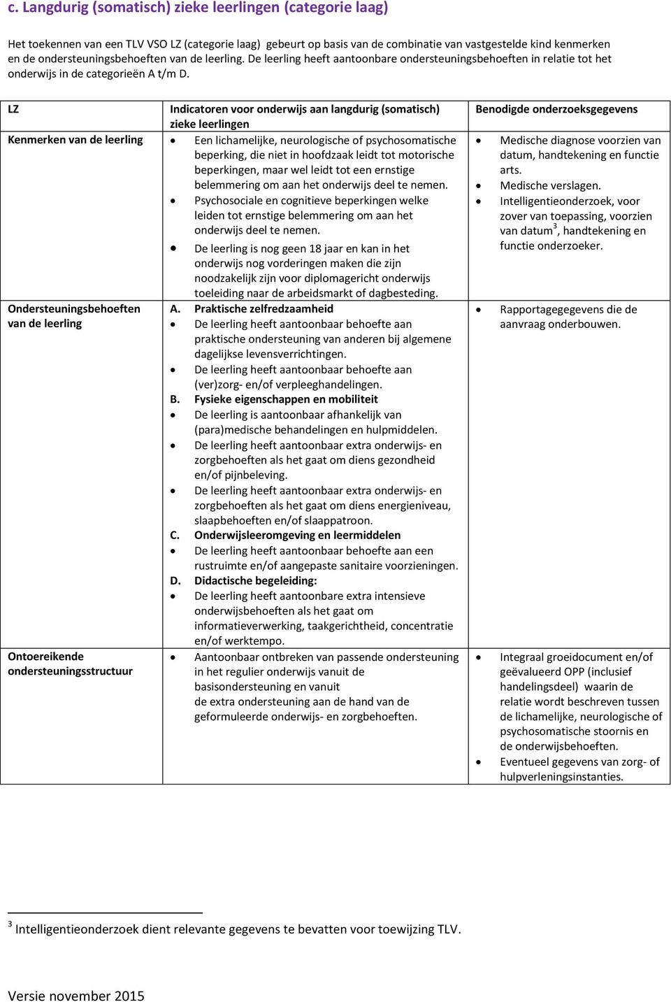 LZ Indicatoren voor onderwijs aan langdurig (somatisch) zieke leerlingen Kenmerken Een lichamelijke, neurologische of psychosomatische beperking, die niet in hoofdzaak leidt tot motorische