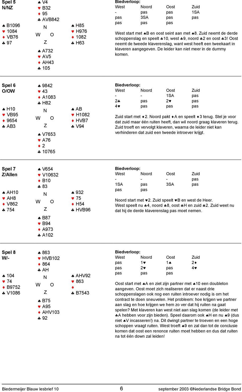 De leider kan niet meer in de dummy komen. Spel 6 / H10 VB95 9654 AB3 9842 43 A1083 H82 V7653 A76 2 10765 AB H1082 HVB7 V94 - - 1SA pas 2 pas 2 pas 4 pas pas pas uid start met 2.