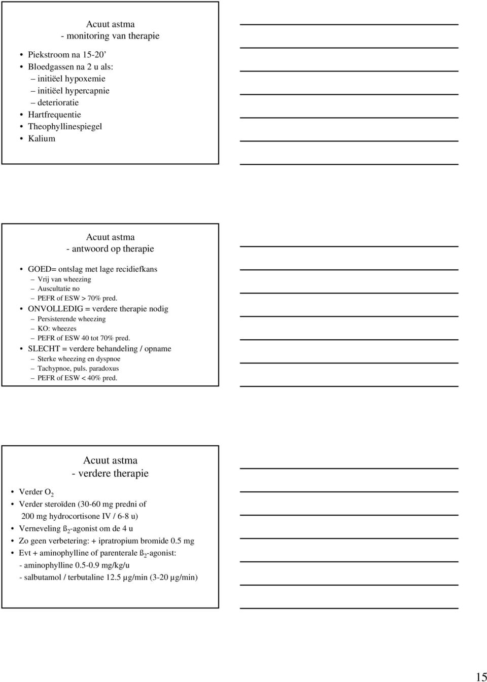 SLECHT = verdere behandeling / opname Sterke wheezing en dyspnoe Tachypnoe, puls. paradoxus PEFR of ESW < 40% pred.