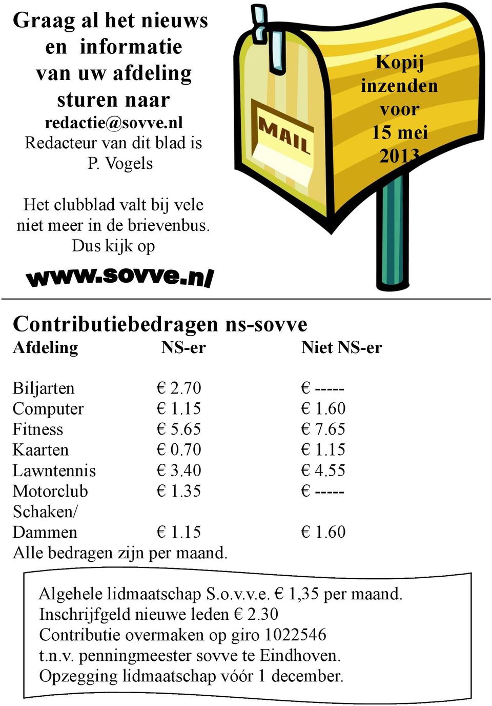 Dus kijk op Contributiebedragen ns-sovve Afdeling NS-er Niet NS-er Biljarten 2.70 ----- Computer 1.15 1.60 Fitness 5.65 7.65 Kaarten 0.70 1.15 Lawntennis 3.40 4.