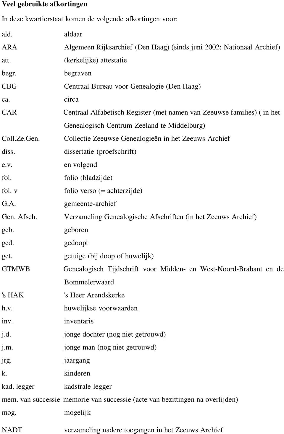 circa CAR Centraal Alfabetisch Register (met namen van Zeeuwse families) ( in het Genealogisch Centrum Zeeland te Middelburg) Coll.Ze.Gen. Collectie Zeeuwse Genealogieën in het Zeeuws Archief diss.