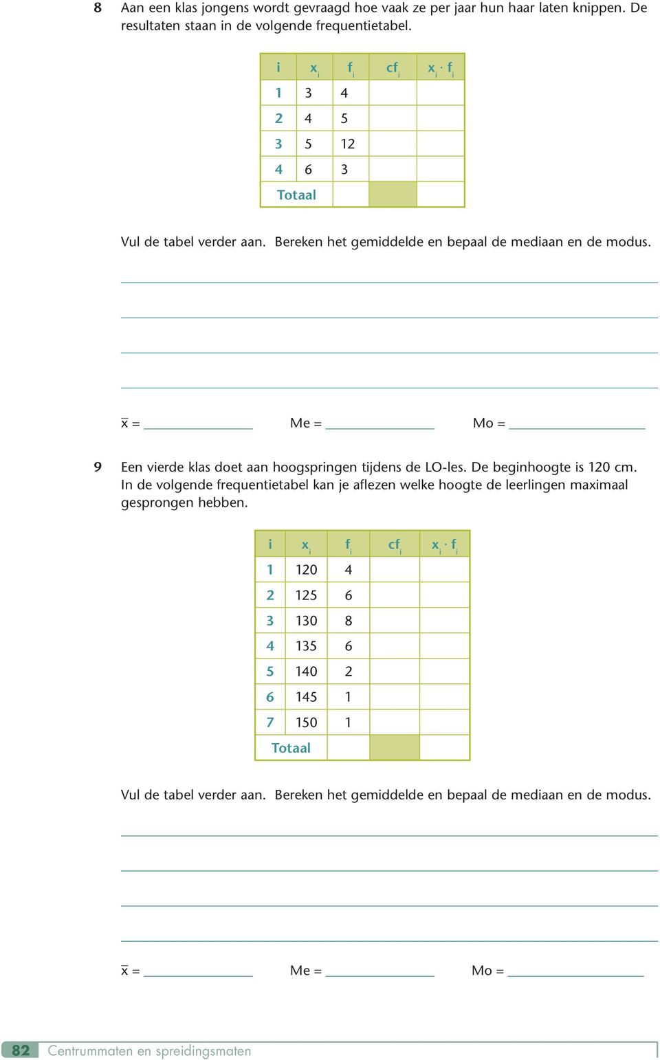 x = Me = Mo = 9 Een vierde klas doet aan hoogspringen tijdens de LO-les. De beginhoogte is 120 cm.