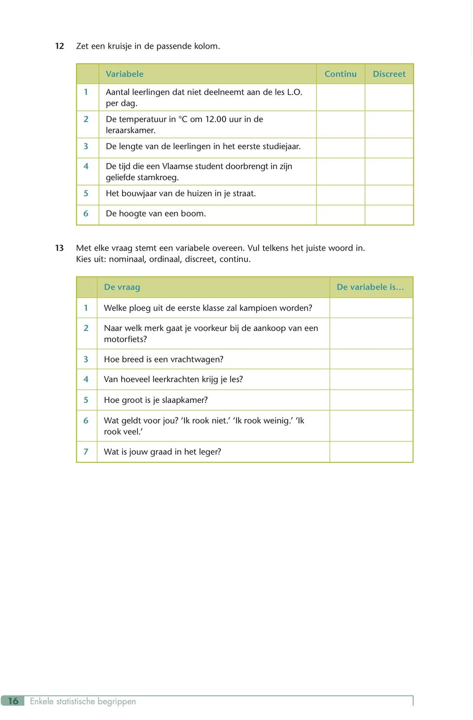 13 Met elke vraag stemt een variabele overeen. Vul telkens het juiste woord in. Kies uit: nominaal, ordinaal, discreet, continu.