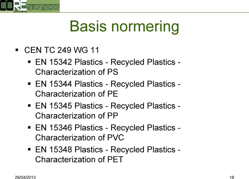 Recycled Plastics - Characterization of PP EN 15346 Plastics - Recycled Plastics -