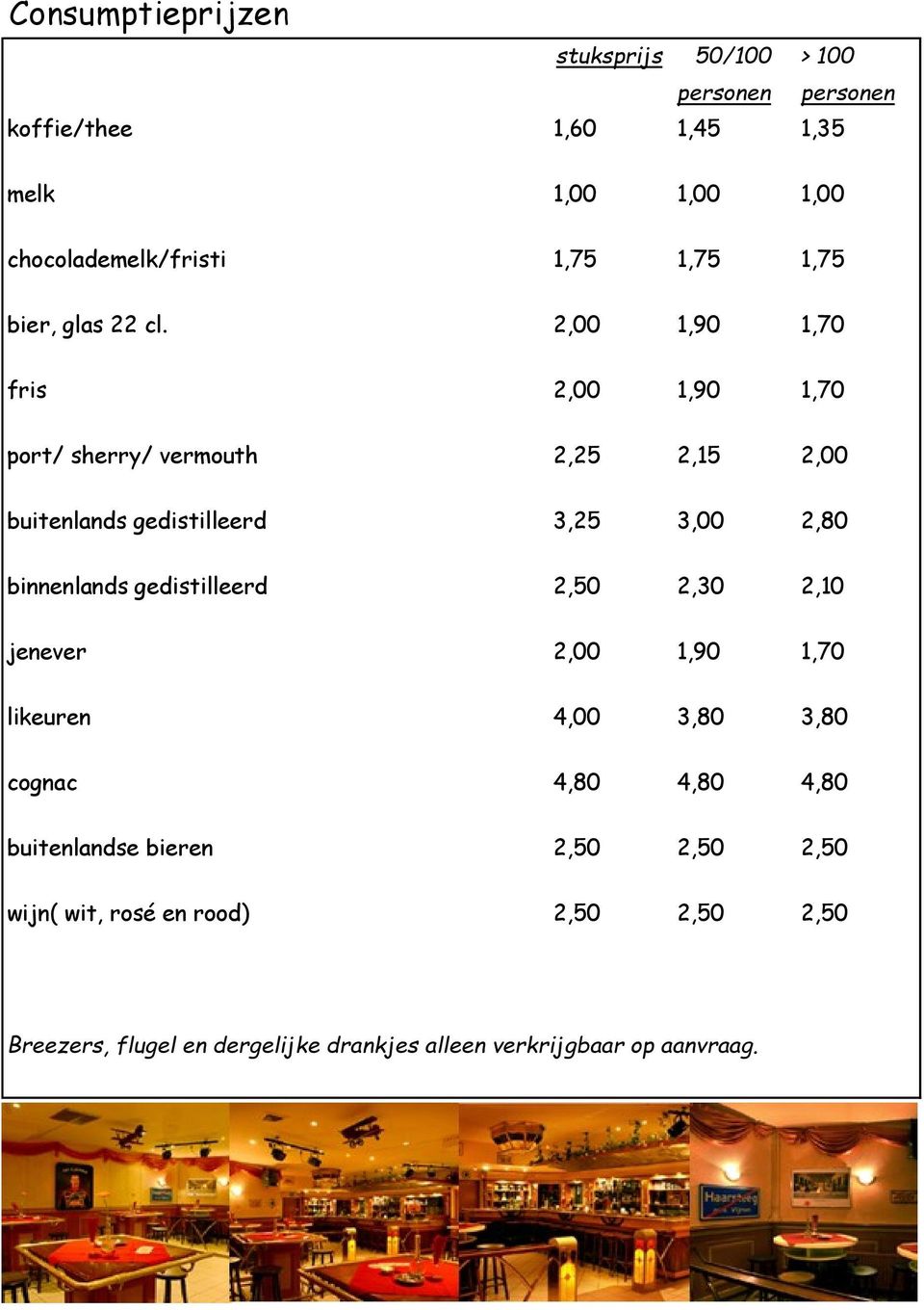 2,00 1,90 1,70 fris 2,00 1,90 1,70 port/ sherry/ vermouth 2,25 2,15 2,00 buitenlands gedistilleerd 3,25 3,00 2,80 binnenlands